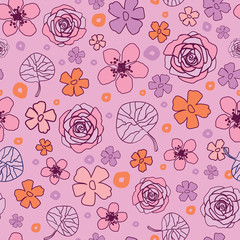 Fototapeta na wymiar Roses and Dewberry -Flowers in Bloom,Seamless Repeat Pattern. Colourful Pattern Background. Surface Repeat Pattern Design in pink,orange and purple . Perfect for Fabric, Scrap book, wallpaper.