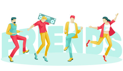 Cartoon Friends Characters Enjoying Rest. Men and Woman, Hipster Guys Listening to Music on Vintage Record Player and Dancing. Lettering Banner. Friendship and Relationships. Vector Flat Illustration
