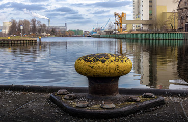 The view from the bank of the Havel river towards the port and industrial area in Berlin Spandau....