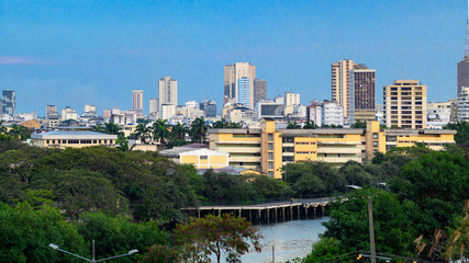 Panoramic view of Guayaquil city, were many of downtown buildings are in the background. Puerto Santa Ana, The Point Building and Del Carmen hill, TV antennas in the background. Trees in foreground.