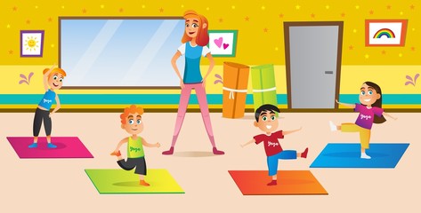 Kid Yoga Classes. Female Instructor Teaching Children Asana Balance Position Vector Illustration. Health Care Physical Education. Gymnastics Lesson Fitness Exercise. Sport Training