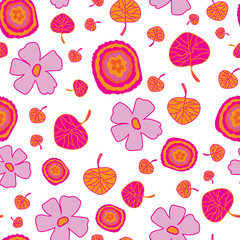 Fototapeta na wymiar Colourful Garden-Flowers in Bloom Seamless Repeat Pattern. Flowers and leaves Pattern Background in pink, orange,yellow and white . Surface pattern design. Perfect for Fabric, Scrapbook