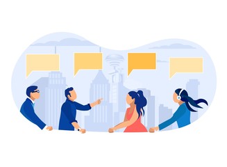 Cartoon Business People Characters Meeting and Negotiation. Men and Women Having Dialog and Discussion. Solve General Issues. Empty Speech Bubbles. Vector Flat Cityscape with Skyscrapers Illustration