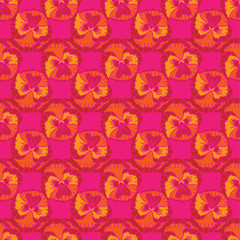 Pansy Collection-Flowers in Bloom Seamless Repeat Pattern. Flowers pattern Background in red,,pink,orange and yellow. Surface pattern Design. Perfect for Fabric, Scrapbook