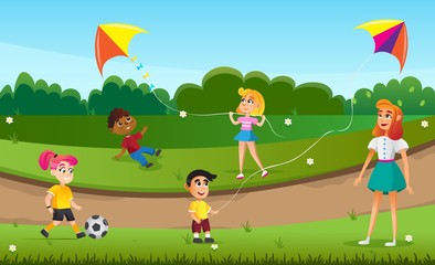 Cartoon Children Play with Flying Kyte in Green Field Vector Illustration. Woman with Kids in Park. Girl Kick Ball Boy Run. Kindergarten Daycare Playtime Outside. Childhood Activity