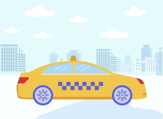 Cartoon Yellow Taxi Cab Driving Flat City Street. Online Car Ordering Service Customer Support Mockup. Template for Carsharing Application. Vector Road and Cityscape. Graphic Design Illustration