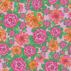 Lantana Rose Fantasy-Flowers in Bloom Seamless Repeat Pattern. Lantana, rose flowers and leaves pattern background in pink,yellow and orange. Surface pattern Design. Perfect for Fabric, Scrapbook,wall