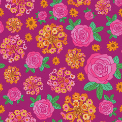 Fototapeta na wymiar Lantana Rose Dream-Flowers in Bloom Seamless Repeat Pattern. Lantana, rose flowers and leaves pattern background in pink,yellow,orange,Maroon and green. Surface pattern Design. Perfect for Fabric, Scr