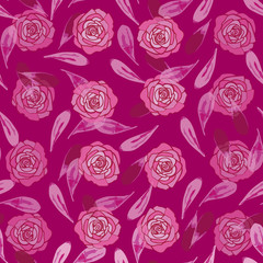 Rose Silk-Flowers in Bloom Seamless Repeat Pattern. Rose flowersand petals pattern background in pink and maroon. Surface pattern design. Perfect for Fabric, Scrapbook,wallpaper