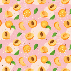 Modern hand drawn stylized apricot fruits background, seamless illustration.