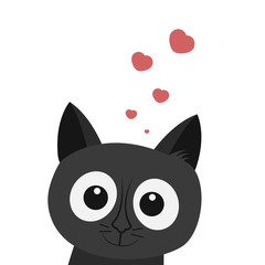 Cute black cat with red hearts isolated on white background. Vector illustration. Cartoon character. Flat style