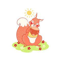 Happy Squirrel hugs a nut, summer vector card, postcard, holiday gift.