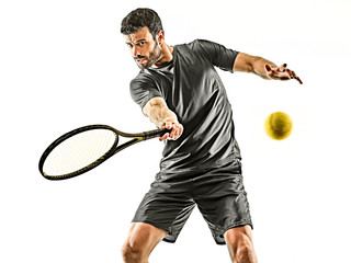 mature tennis player man forehand front view isolated white background