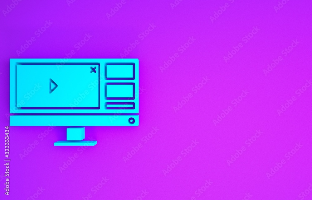 Poster blue video recorder or editor software on computer monitor icon isolated on purple background. minim