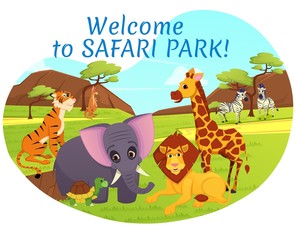 Welcome to Safari Park Banner, African Animals on Savannah Nature Background, Tiger, Elephant, Kangaroo, Lion and Giraffe Stand Together in Zoo Park Cartoon Flat Vector Illustration, Poster Invitation