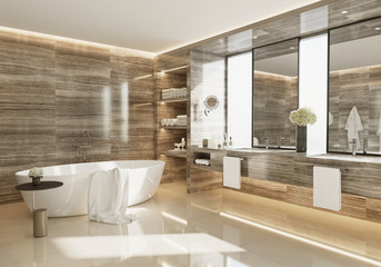 Fototapeta na wymiar 3d interior of a brown grey marble bathroom with a bathtub