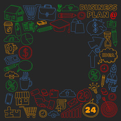 Fototapeta na wymiar Business and management background. Pattern with finance icons. Conceptual illustration of projects organization, risk, development. Team working, budget planning.
