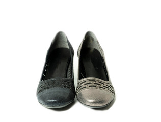 women's shoes, heels, patent leather, suede and classic models in white background