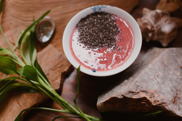 Strawberry and banana smoothie with chia in the cup
