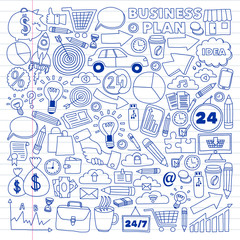 Business and management background. Pattern with finance icons. Conceptual illustration of projects organization, risk, development. Team working, budget planning.