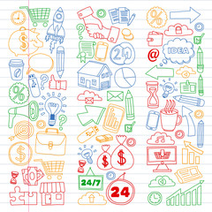 Business and management background. Pattern with finance icons. Conceptual illustration of projects organization, risk, development. Team working, budget planning.