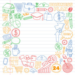 Business and management background. Pattern with finance icons. Conceptual illustration of projects organization, risk, development. Team working, budget planning.