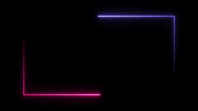 Empty frame with neon light motion, moving fluorescent light glowing on black background. Blank rectangle frame by neon lights symmetry animation. The best stock neon flickering, flash and blinking