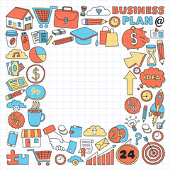 Obraz premium Business and management background. Pattern with finance icons. Conceptual illustration of projects organization, risk, development. Team working, budget planning.