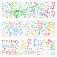 Fototapeta na wymiar Movie, cinema set. Pattern doodle background with vector icons. Video TV.