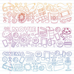 Movie, cinema set. Pattern doodle background with vector icons. Video TV.