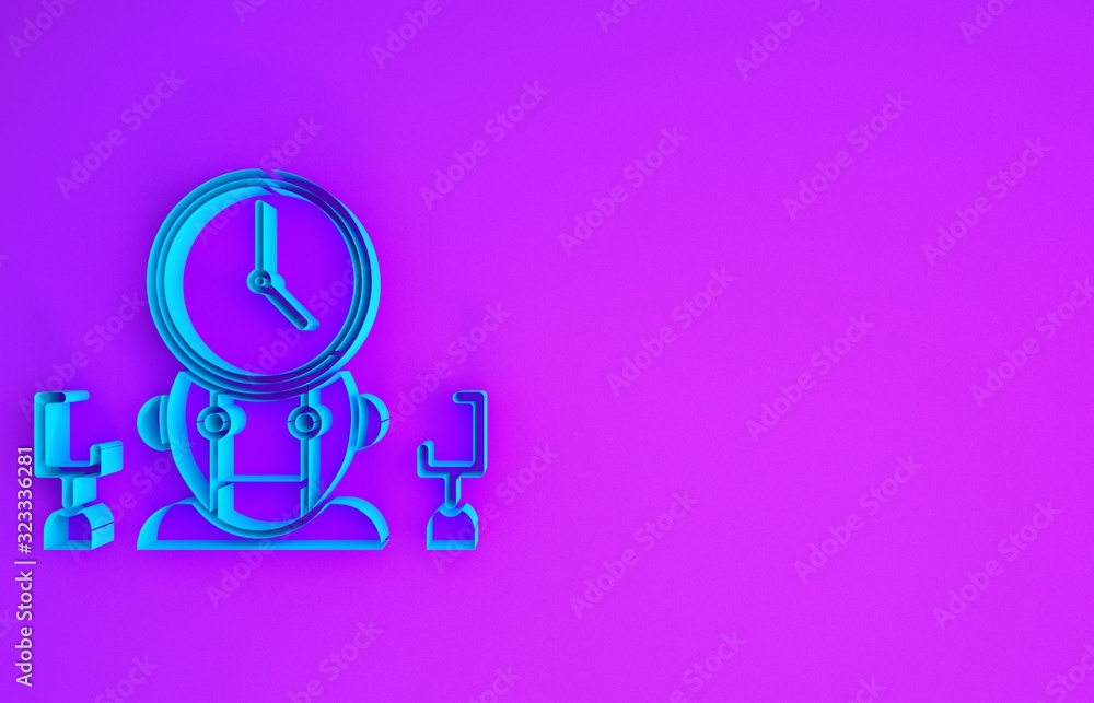 Poster blue robot and digital time manager icon isolated on purple background. time management assistance, 