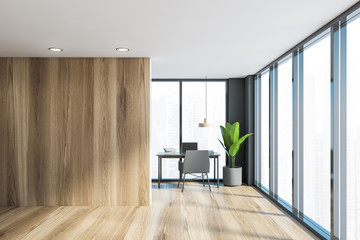 Gray and wooden home office interior