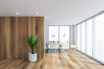 White and wooden panoramic boardroom interior