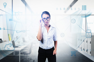 Businesswoman in office, big data interface
