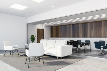White and wood office lounge corner, white sofas