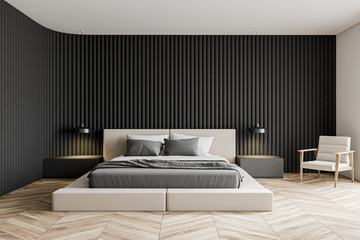 Gray minimalistic master bedroom interior