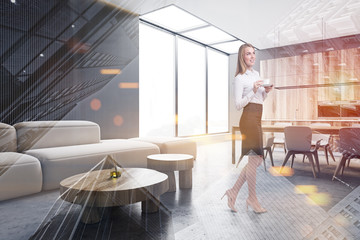 Woman in living room and kitchen