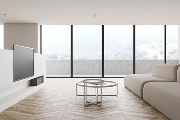 White living room with sofa, balcony and TV
