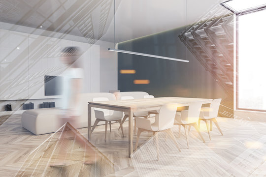 Woman Walking In Living Room With Dining Table