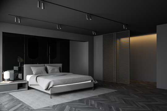 Luxury grey bedroom and bathroom interior