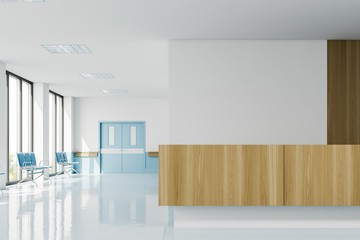 Comfortable wooden reception desk in hospital