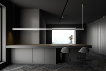 Gray and wooden kitchen interior with bar