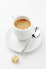 Cup of coffee isolated on white background. Close up. Copy space.