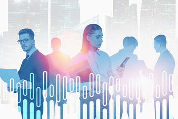 People with gadgets in city, financial graph