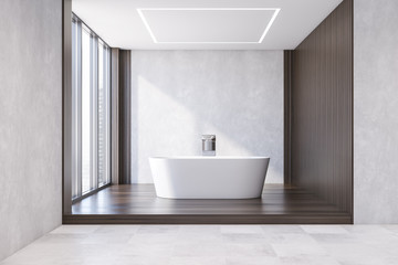 Obraz na płótnie Canvas White and dark wooden bathroom with tub
