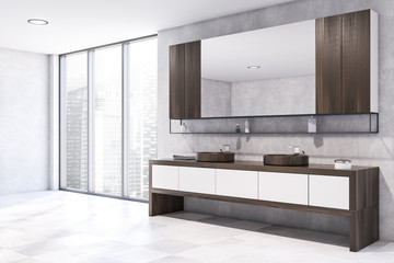 White and wooden bathroom corner with double sink