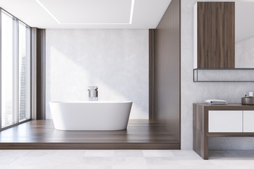 Fototapeta na wymiar White and wooden bathroom, tub and sink