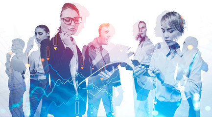 Diverse business team in city, financial chart