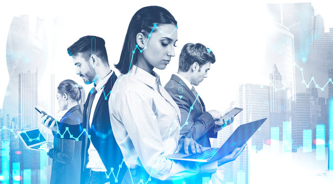 Business team with gadgets in city, stock market