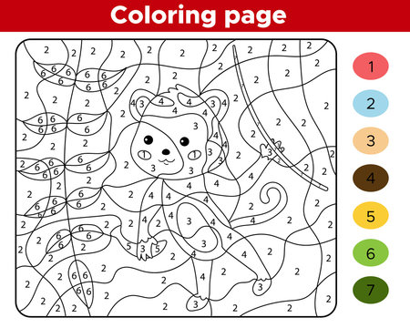 Number coloring page for children. Cute cartoon monkey. Jungle animals. Learn numbers and colors. Educational game.